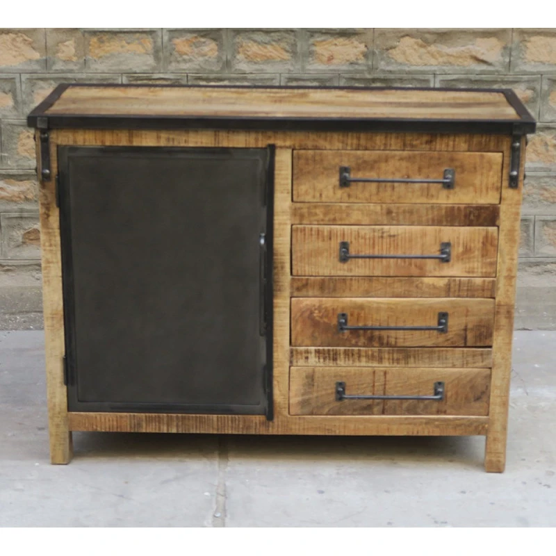 Buffet 1 Porte 4 Tiroirs Bois De Manguier Et Métal 4 Buffet 1 Porte 4 Tiroirs Bois De Manguier Et Métal – Image 2