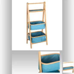 Colonne Pliante 2 Paniers Bleus Et 1 Plateau En Bambou -Marché Meubles Magasin colonne pliante 2 paniers bleus et 1 plateau en bambou 1