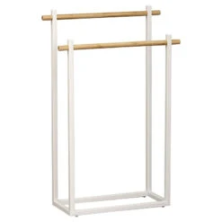 Porte Serviettes Métal Blanc 2 Barres Bambou